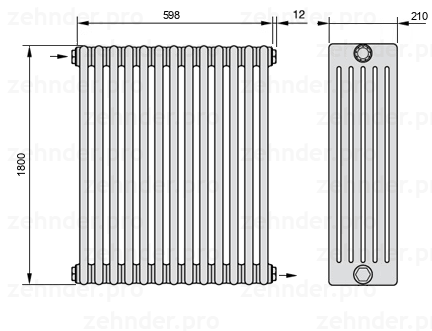Схема (чертеж) Радиатор Zehnder Charleston 6180/13 №1670 Белый глянцевый RAL 9016
